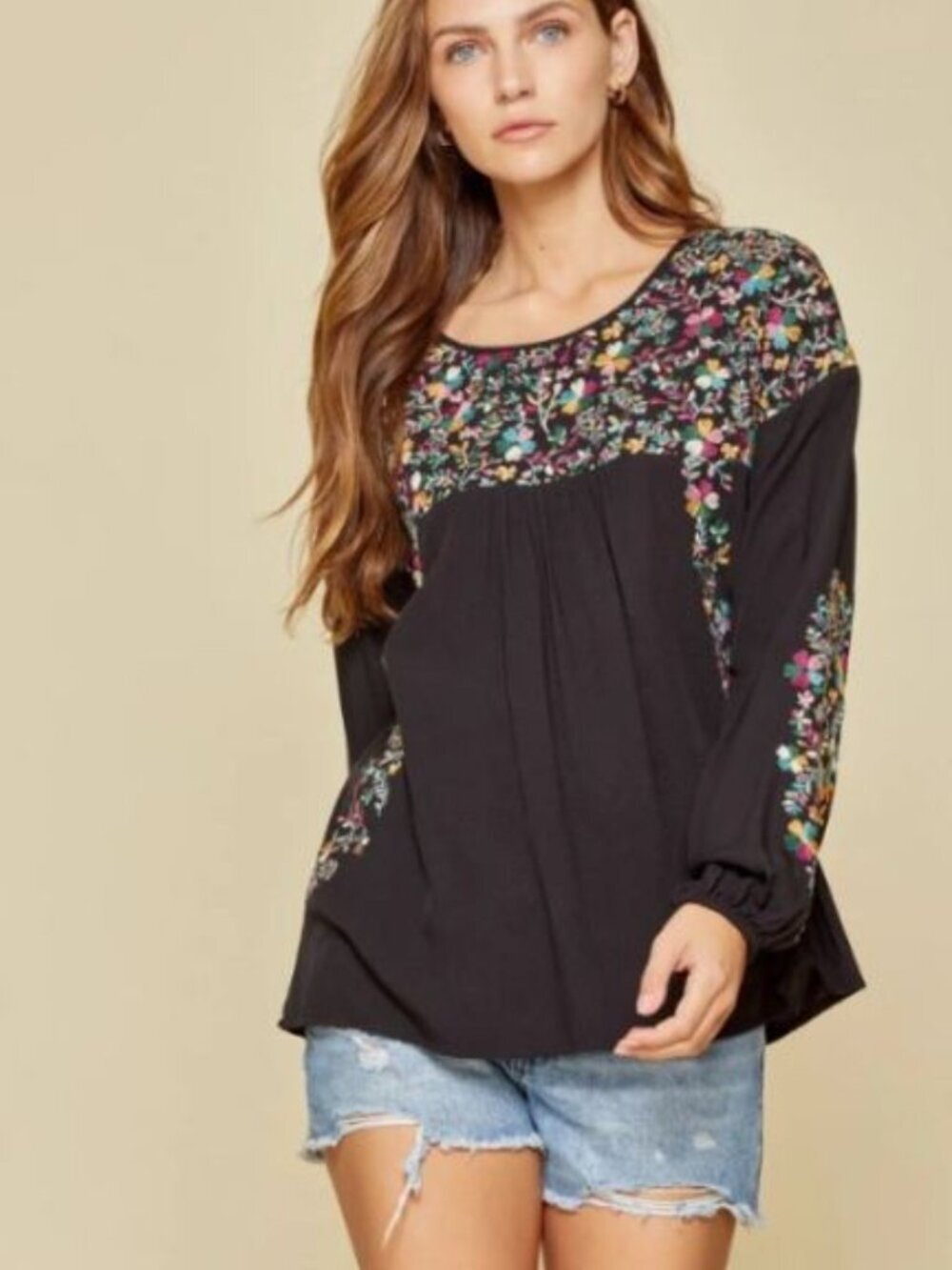 Savanna Jane Black Multicolor Embroidered Long Sleeve Blouse